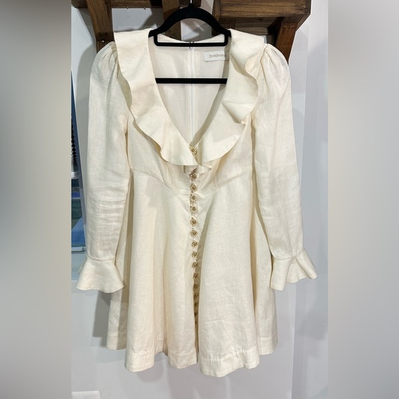 NWT Zimmermann Cream Linen Daisy Mini Dress Ruffle Long Sleeve AU 0P (US 2P) - Picture 4 of 16